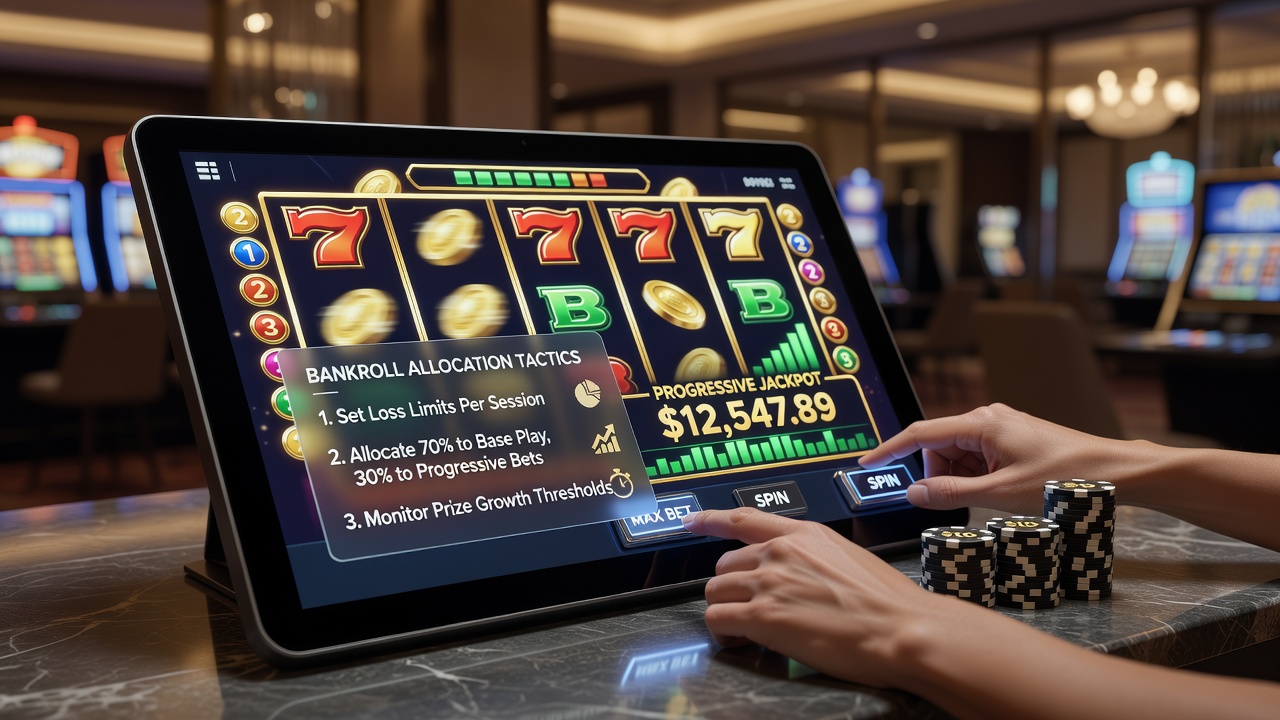 Player reviewing bankroll allocation charts on a tablet next to progressive slot game