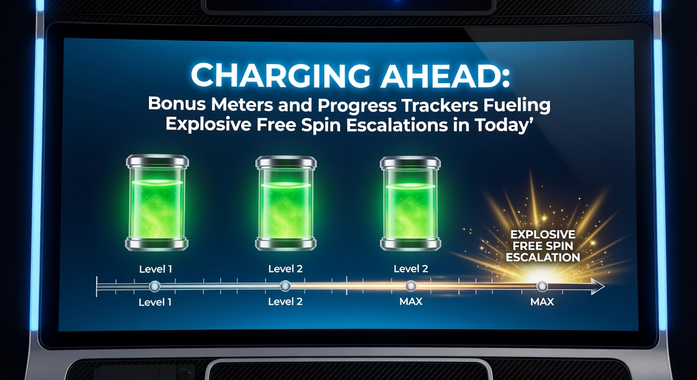 Close-up of a slot progress tracker climbing toward maximum, surrounded by exploding free spin symbols and rising multiplier orbs