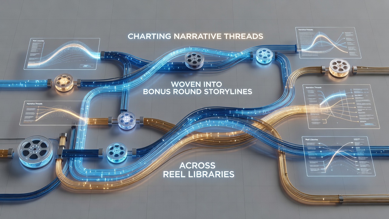Illustration showing interconnected narrative threads linking multiple slot bonus rounds across various game libraries