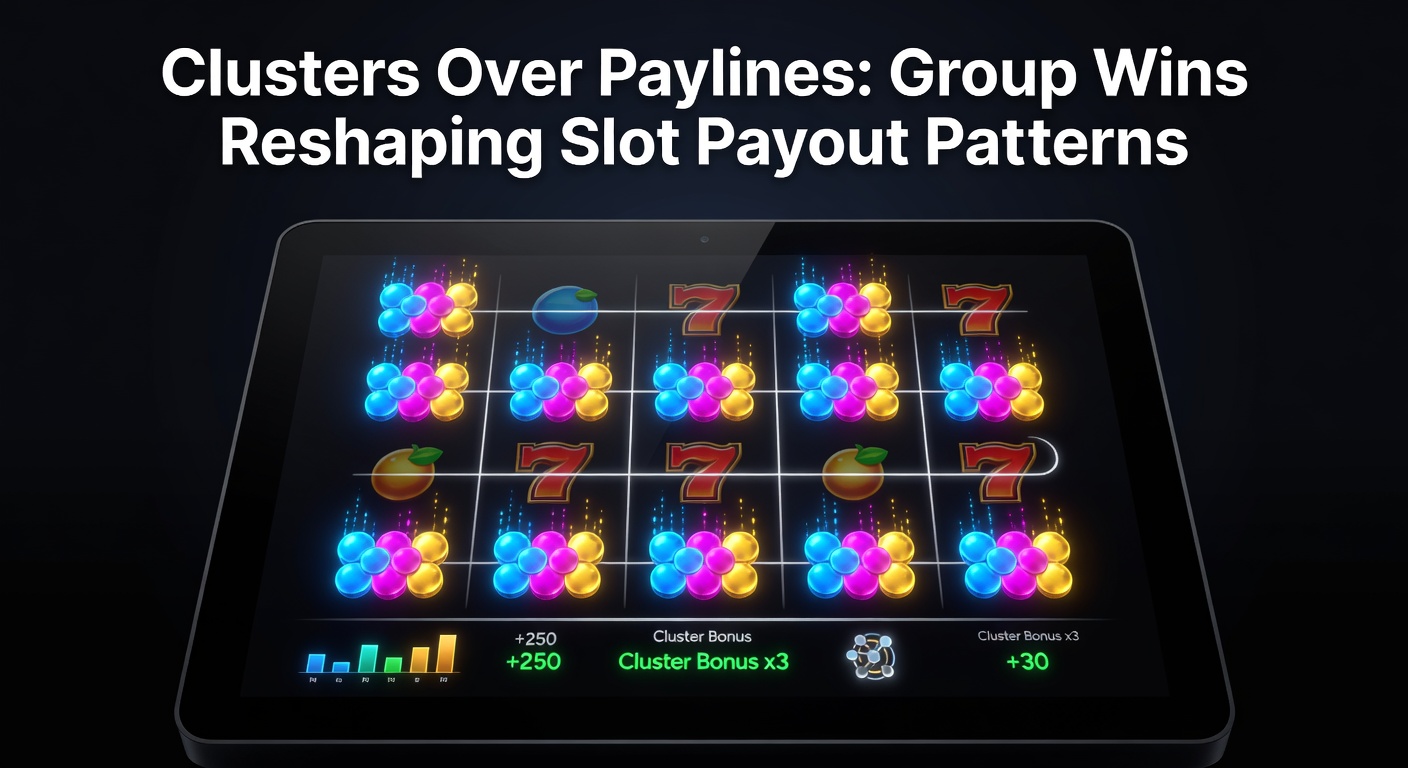 Vibrant slot screen showing a massive cluster win with colorful symbols grouping together for a payout explosion
