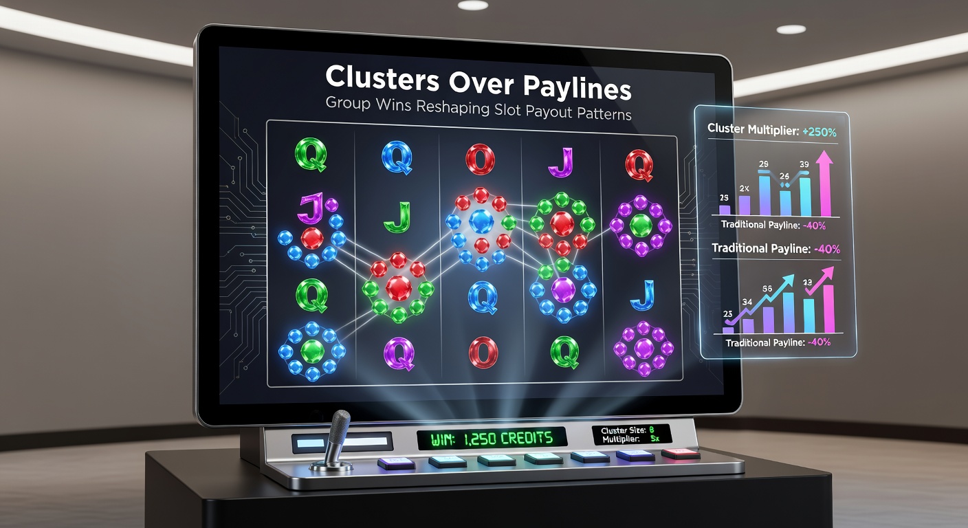 Close-up of cascading cluster reels in action, symbols tumbling down after a big group payout