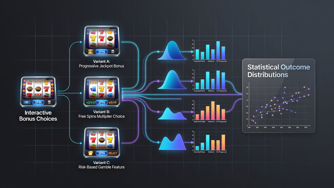 Diagram showing interactive bonus selection interfaces overlaid on statistical payout graphs for different slot formats
