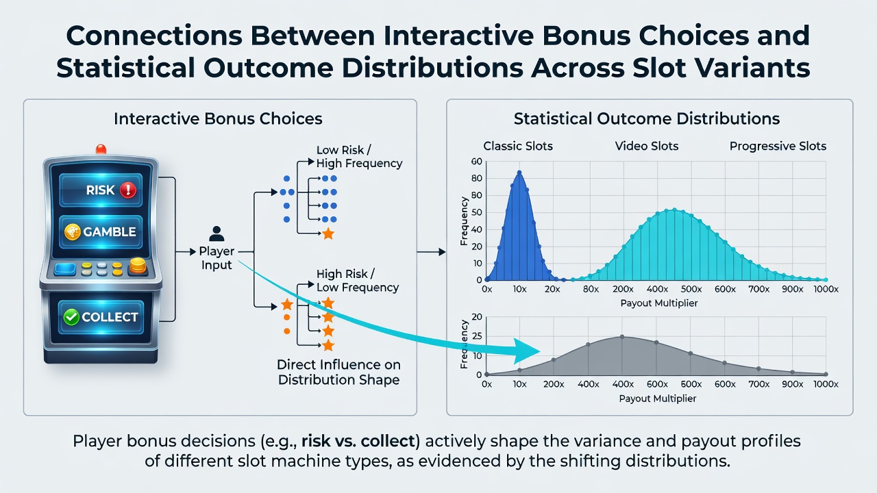 Graph comparing outcome distribution curves for fixed-reel, expanding-reel, and grid slot variants with bonus choice overlays