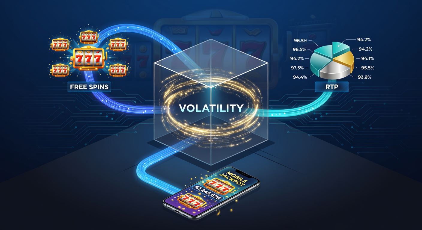 Close-up of a mobile slot screen displaying a jackpot ladder climbing during a high volatility free spins round, with RTP stats and strategy icons overlaid