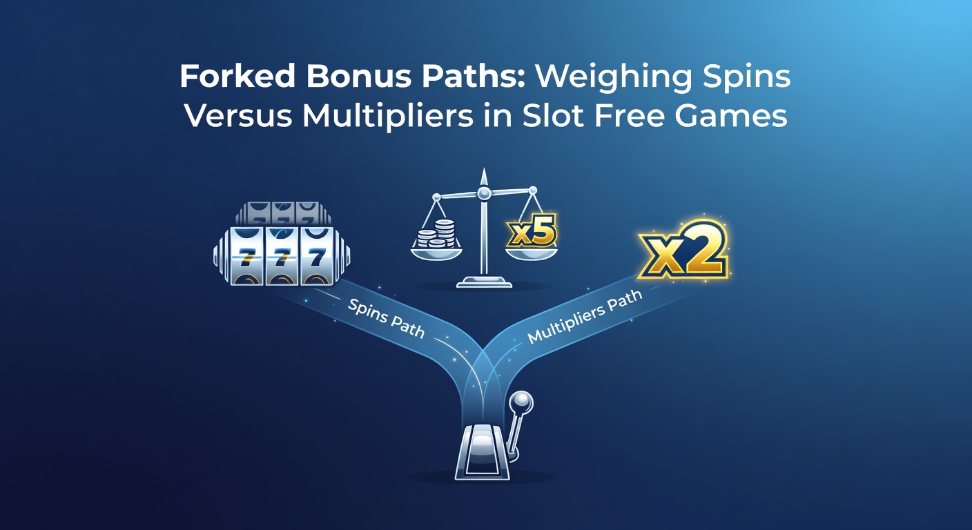 Slot machine screen displaying forked bonus path options: extra spins on one side, multiplier boosts on the other, with glowing reels in the background