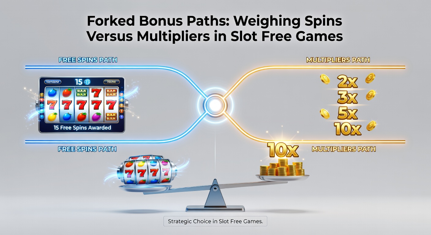 Close-up of a slot bonus selection screen showing forked paths: left side with 20 free spins icon, right with 5 spins and 10x multiplier badge, neon highlights emphasizing the gamble