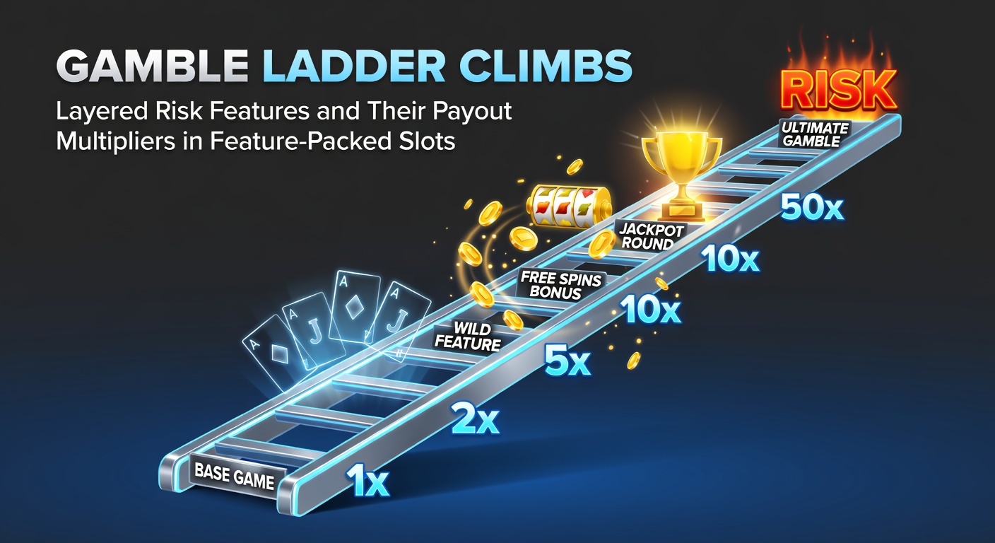 Animated graphic of a glowing ladder climb feature in a slot game, showing multipliers increasing rung by rung amid flashing lights and risk indicators