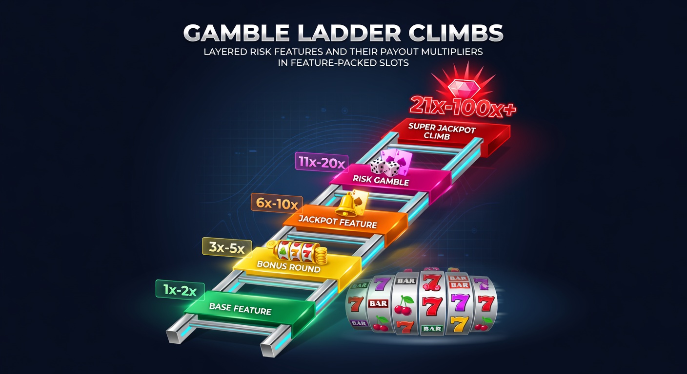 Close-up screenshot of a slot game's gamble ladder in action, with a pointer hovering mid-climb on a 25x multiplier rung, risk bars flashing red and green