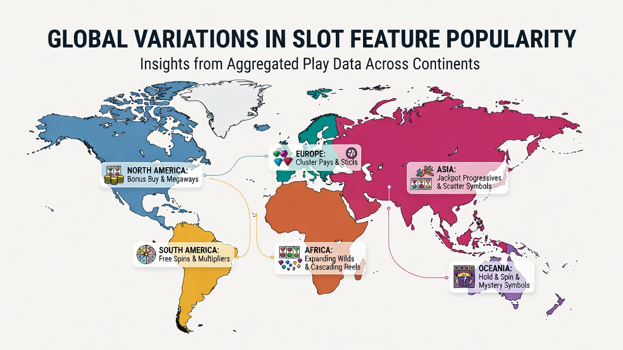 Map illustrating slot feature popularity across continents based on play data