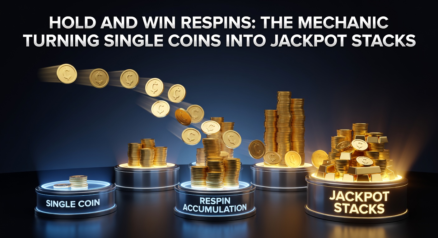 Animated slot screen showing Hold and Win respins with glowing coins stacking up toward a jackpot meter