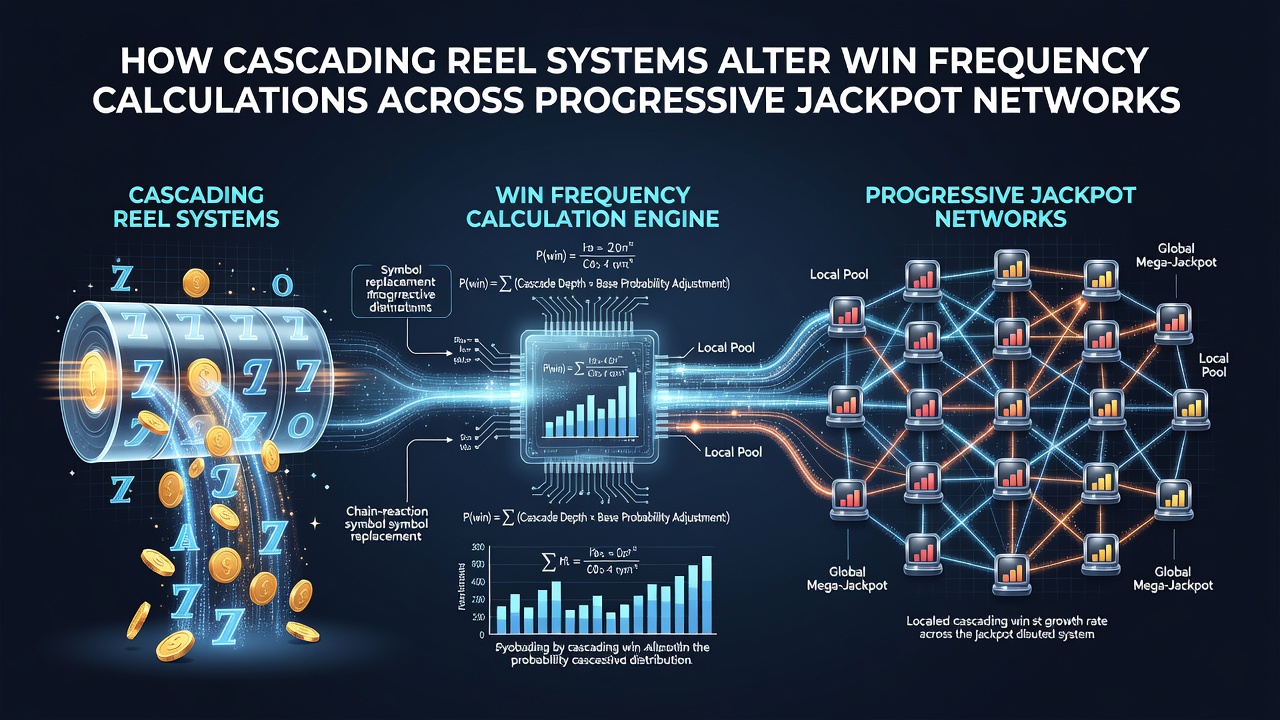 Flowchart showing data pathways from cascading slot outcomes to progressive jackpot contribution calculations and frequency reporting