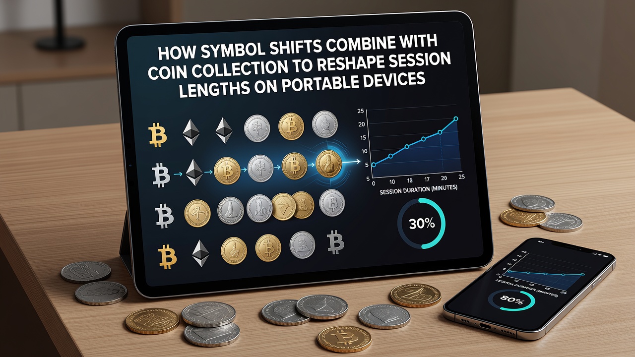 Illustration of shifting symbols interacting with coin collection mechanics on a mobile slot interface