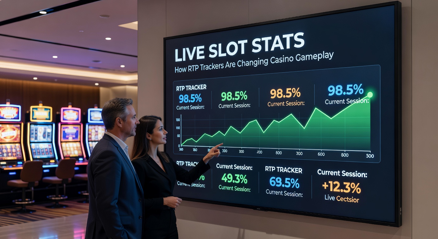 Casino floor displaying live slot machine statistics on overhead screens, showing real-time RTP percentages and hit frequencies for popular games