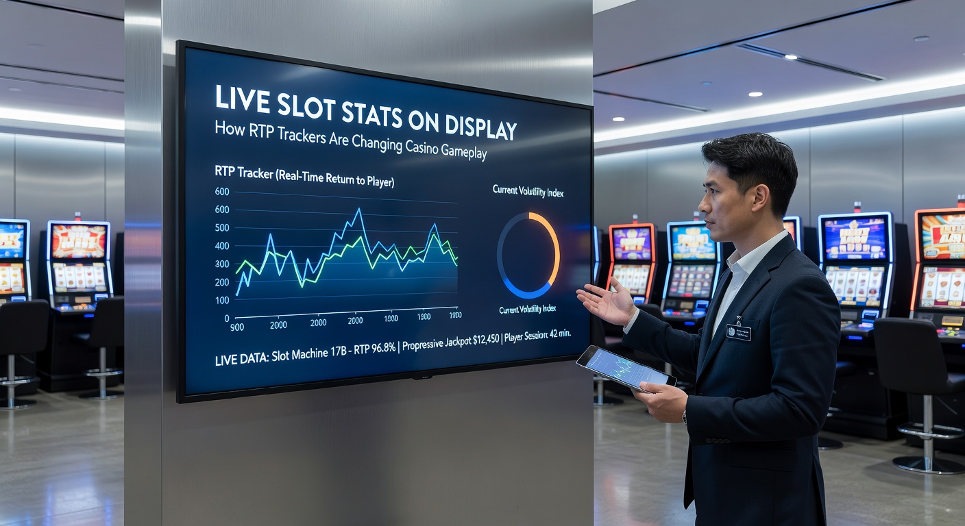 Close-up of a slot machine RTP tracker screen displaying live stats including current RTP, total spins, and recent big wins, with players gathered around