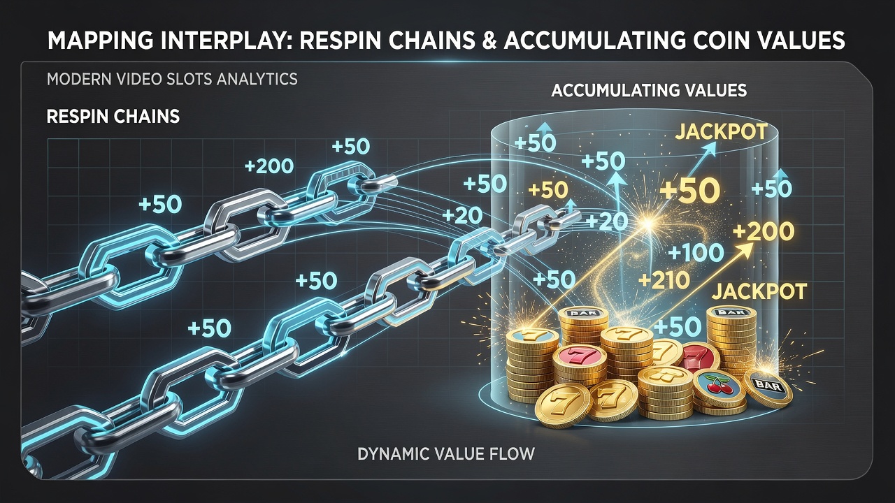 Diagram showing respin chain mechanics interacting with accumulating coin values on slot reels