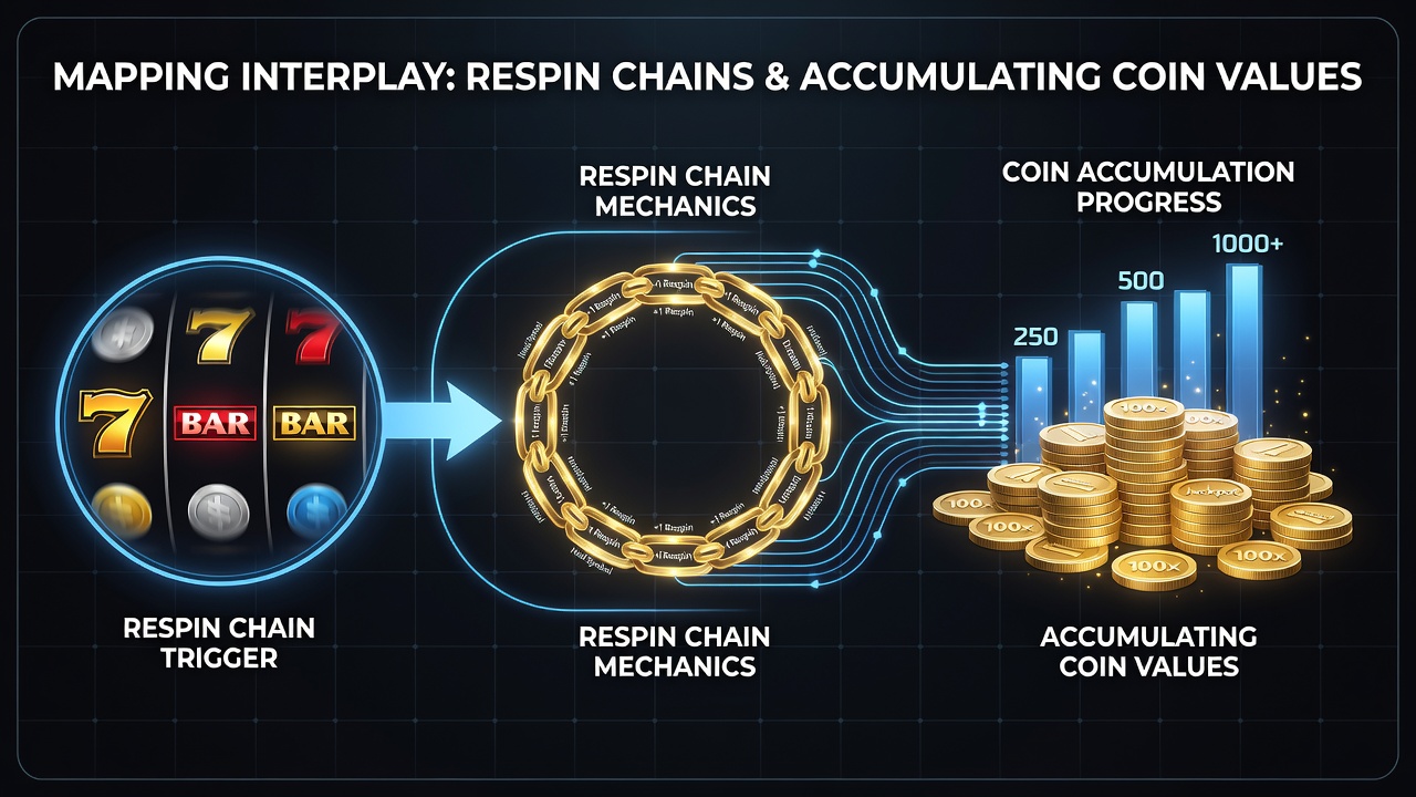 Illustration of coin symbols building values across multiple respin cycles in a video slot interface