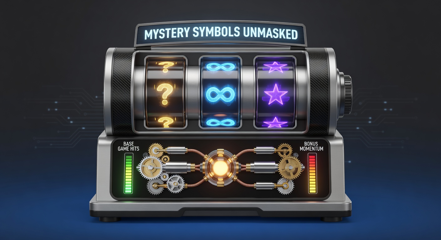 Vibrant slot reels transforming with mystery symbols overlay, revealing high-value icons and multipliers mid-spin