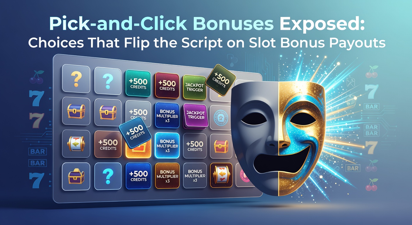 Vibrant slot machine screen displaying a pick-and-click bonus round with glowing treasure chests and prize reveals