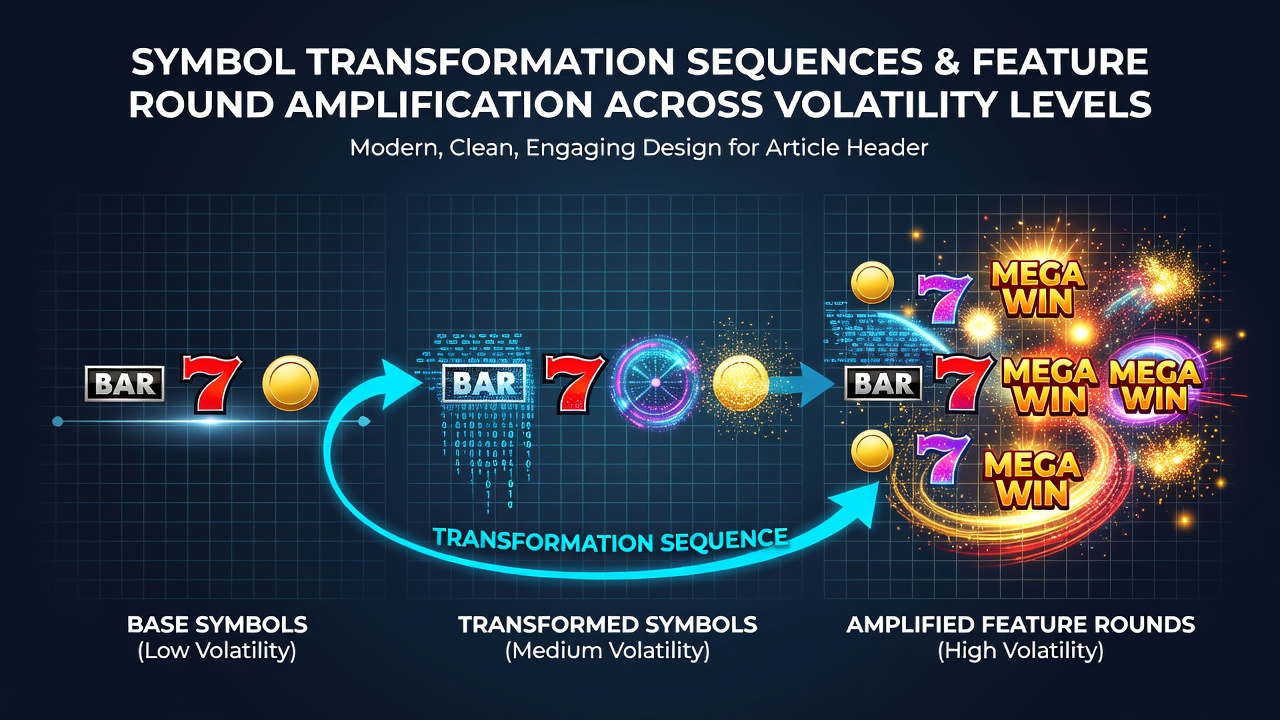 Visual representation of symbol transformation sequences in modern slot games across different volatility settings