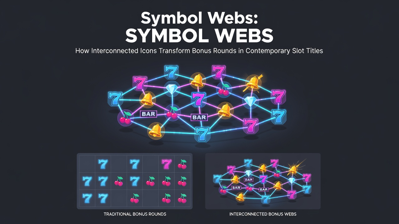 Interconnected symbols forming a web pattern across a slot game bonus screen with glowing lines connecting multiple icons