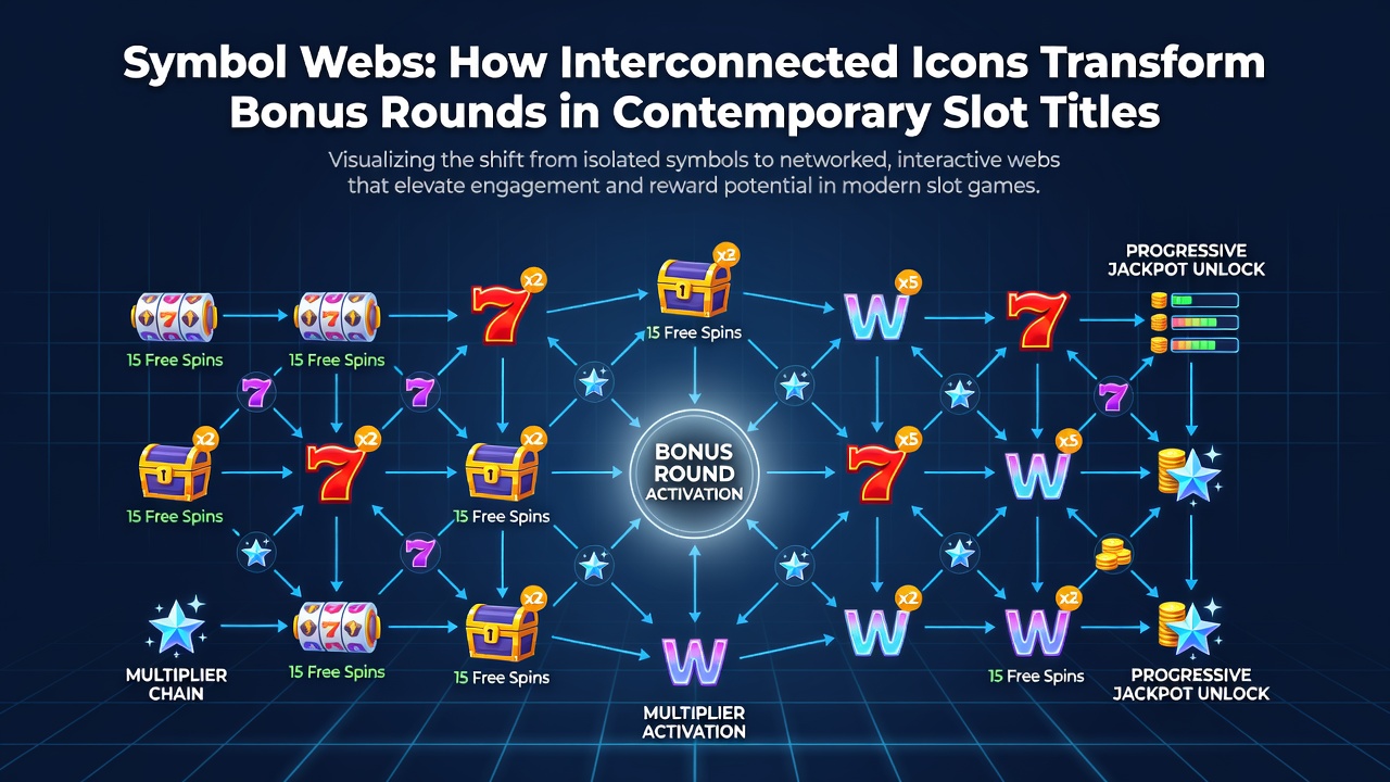 Close-up view of slot symbols linked by animated threads during a bonus round, highlighting multiplier accumulation along connection lines