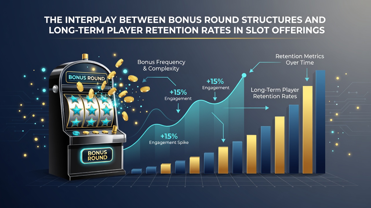 Diagram showing various slot bonus round structures including free spins, hold and win, and pick-and-click features with retention metrics overlay