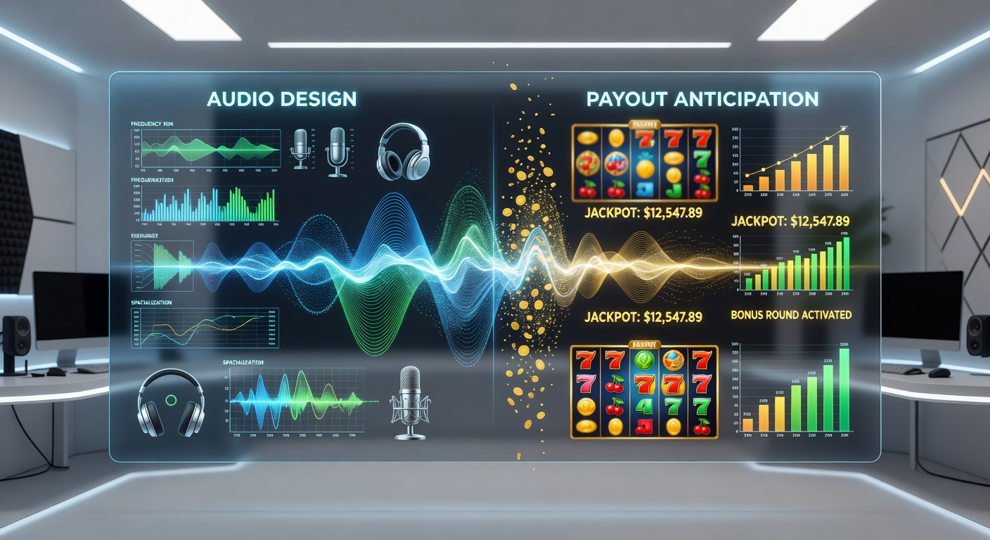 Close-up of digital slot reels with overlaid audio waveform graphics showing synchronized sound design during a win sequence