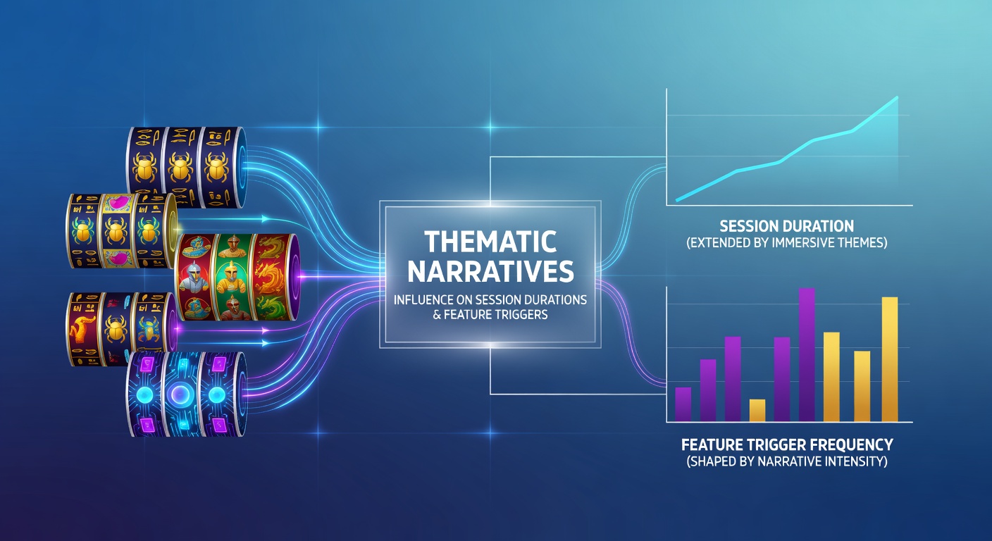Illustration showing slot reels overlaid with narrative story panels and character icons that connect base game spins to bonus rounds