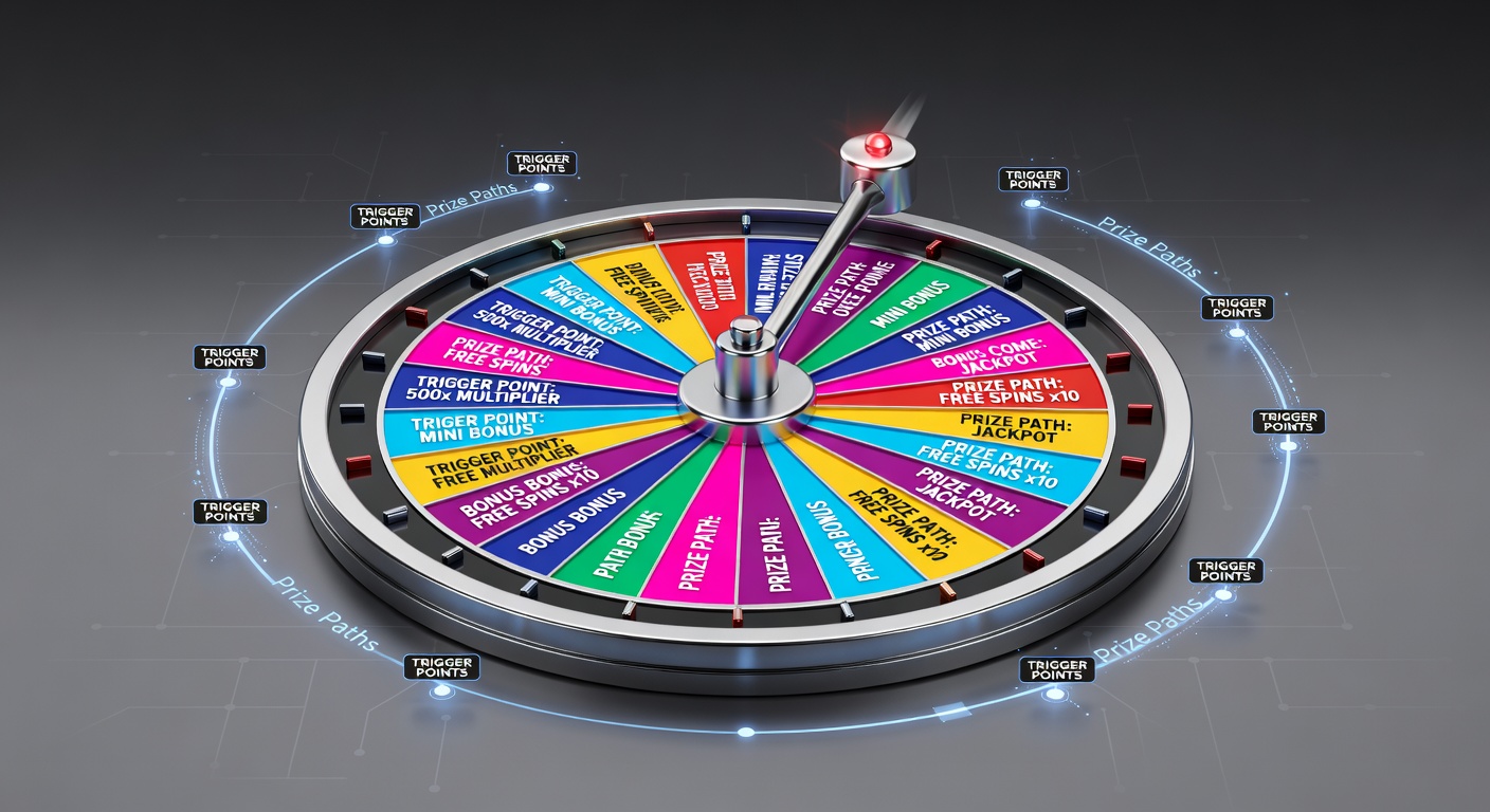 Animated slot bonus wheel spinning with highlighted trigger points and prize segments glowing in neon colors