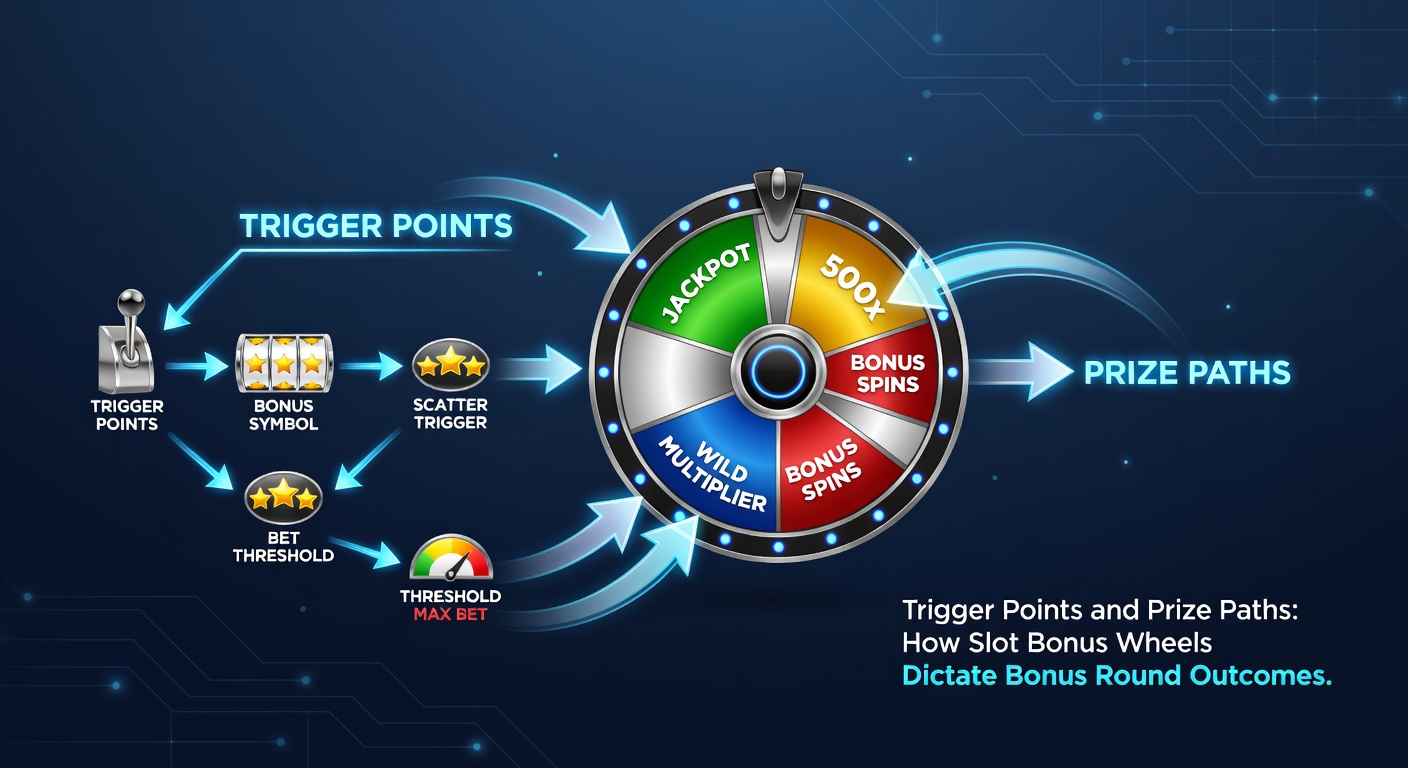 Close-up of a slot bonus wheel diagram illustrating prize paths, trigger zones, and probability arrows pointing to high-value jackpots