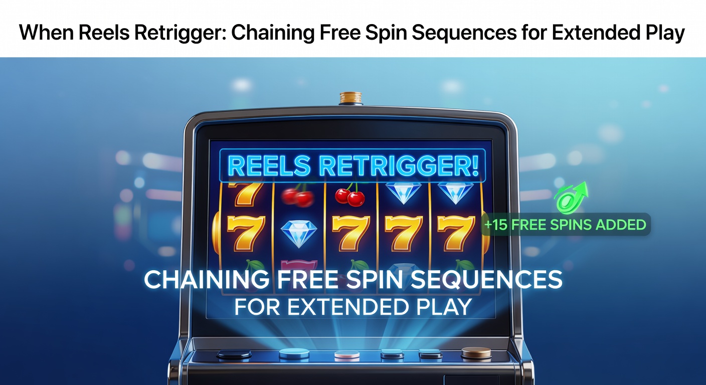 Vibrant slot reels mid-spin with glowing scatter symbols activating a retrigger, extending free spin sequences dramatically